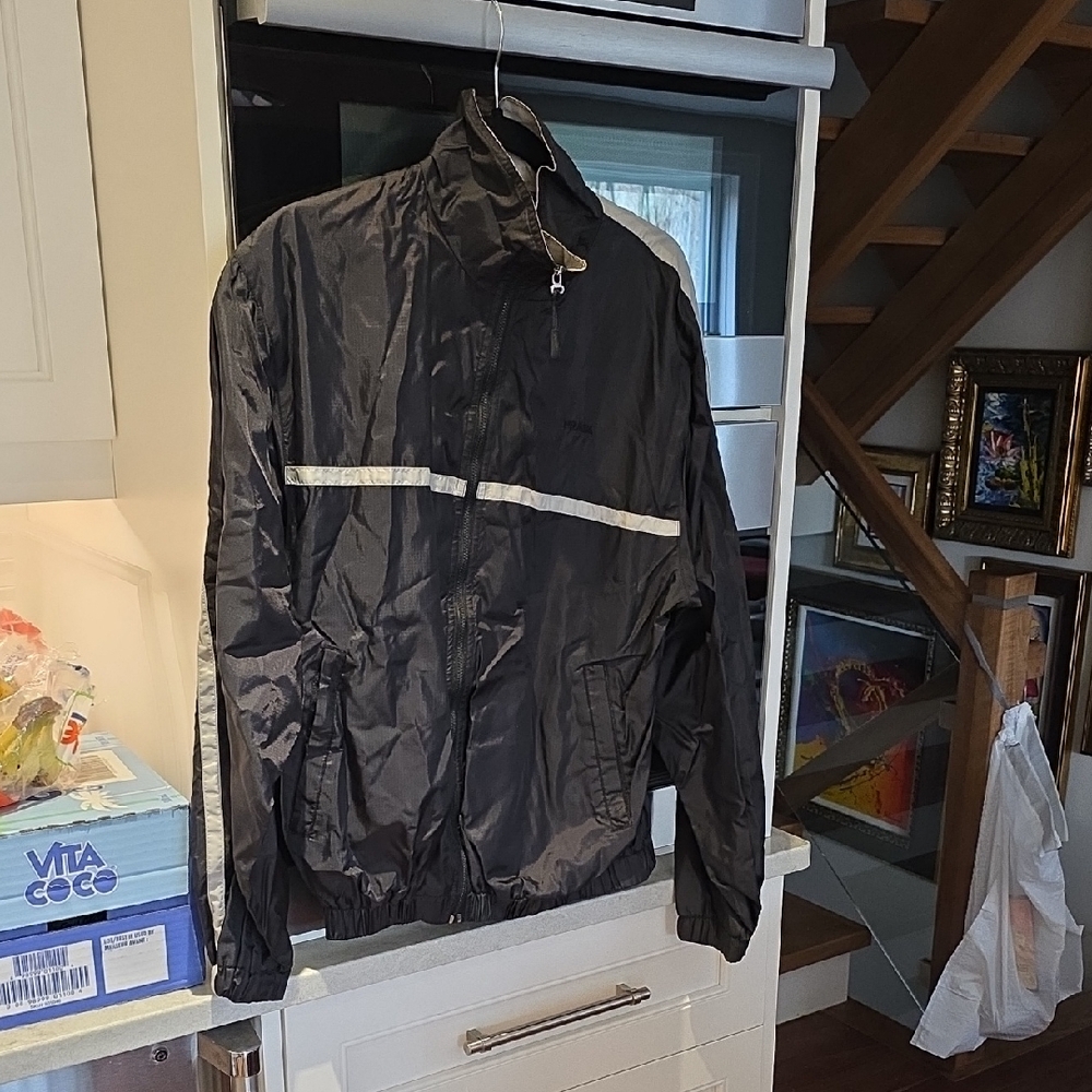 Prada Authentic Men's Black Windbreaker Jacket with Reflective Stripe Large